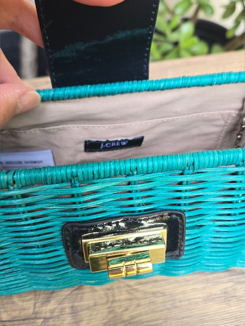 NWT JCrew Teal Straw And Leather Woven Crossbody Bag with Gold Turn-Lock Boho - Picture 5 of 9